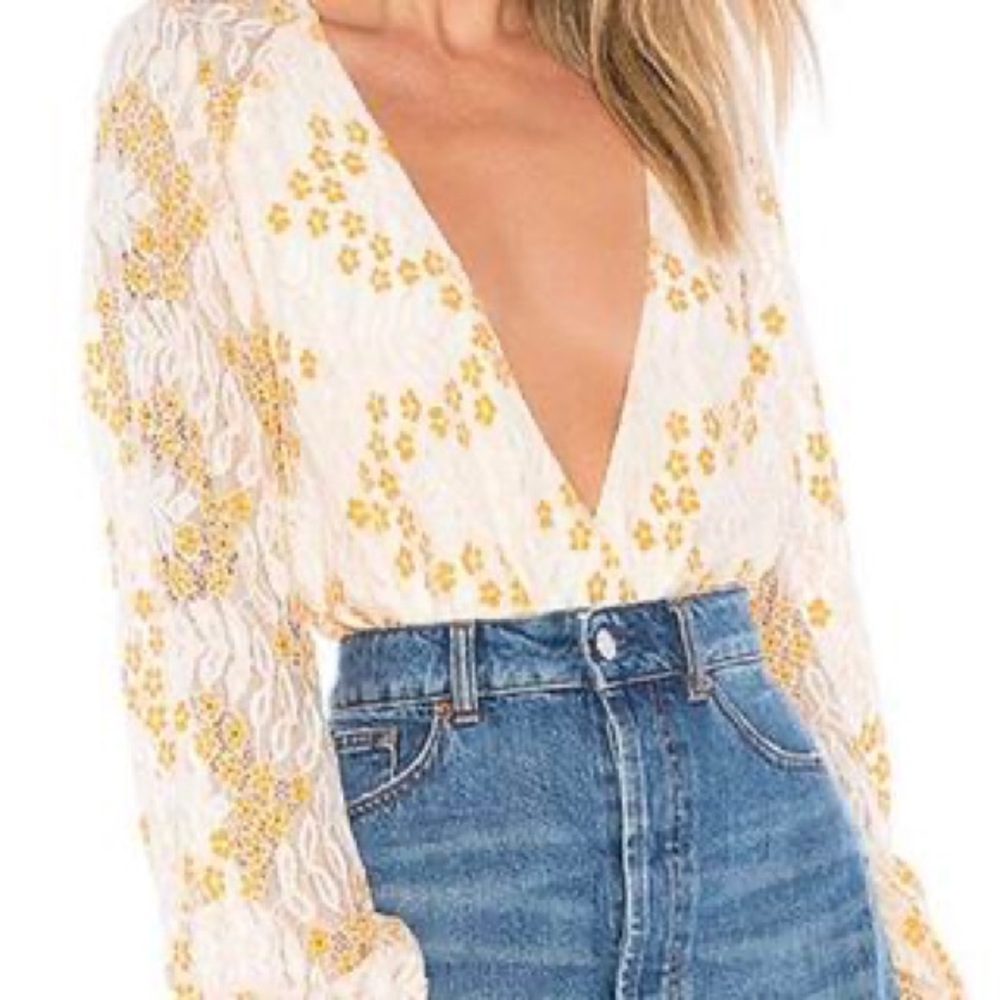 Lovers + Friends Yellow Floral Lace Bodysuit